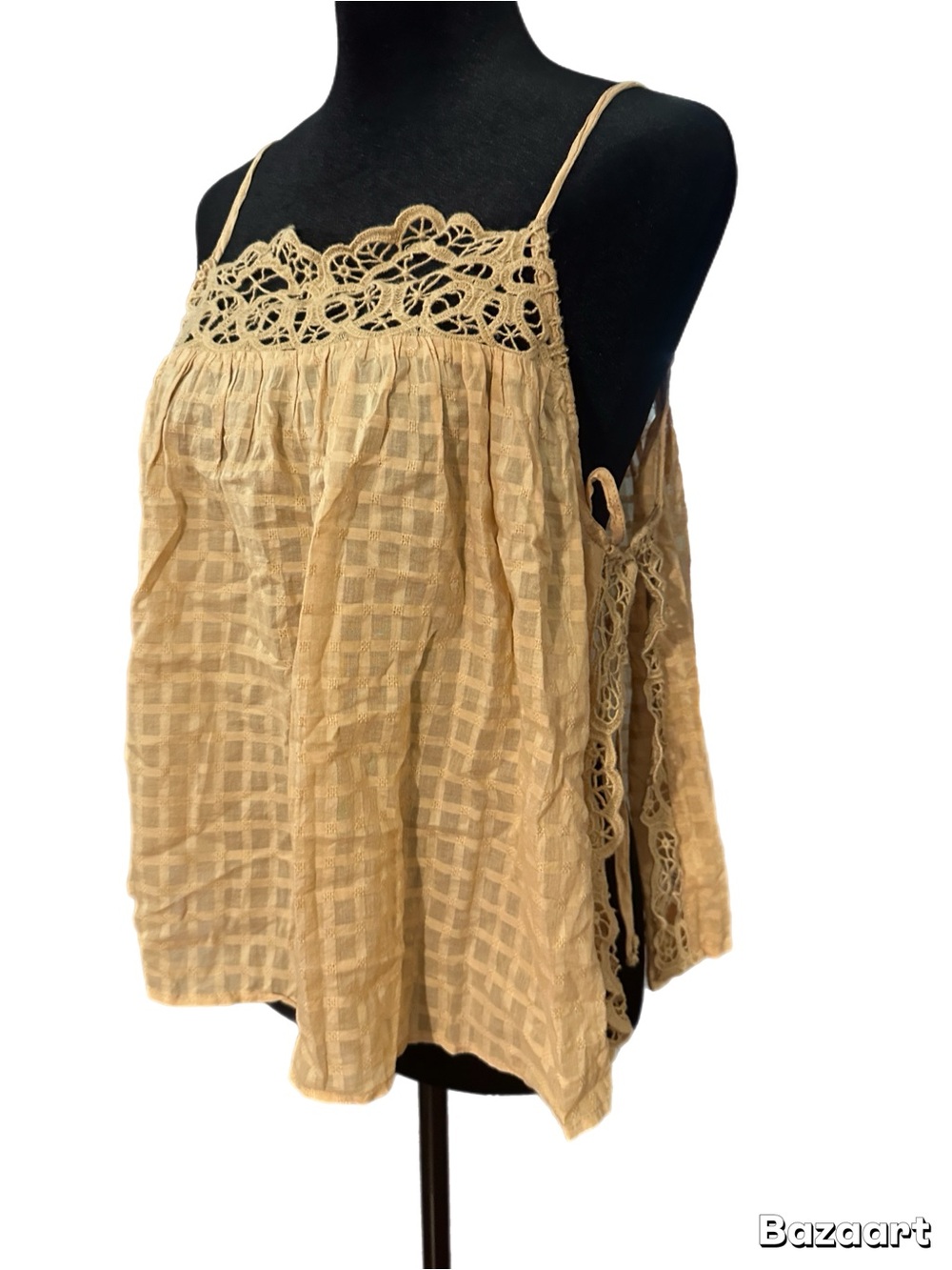 American Eagle Outfitters Beige Lace-Trim Gauze Camisole